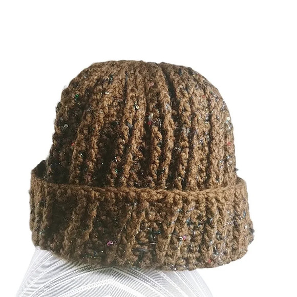 Handmade Ribbed Acrylic Tuque Brown Metallic Very  Warm - Picture 1 of 7